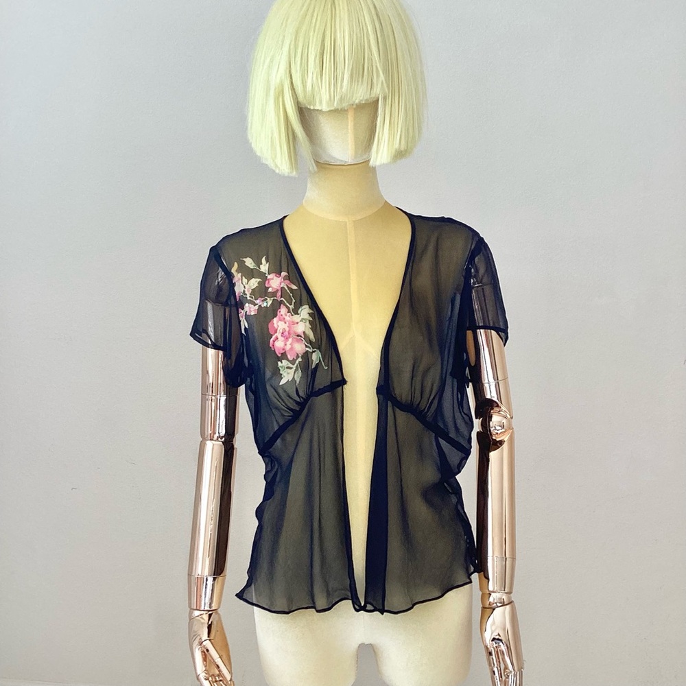 Black Semi Sheer V Neckline Short Sleeves Top SZ S